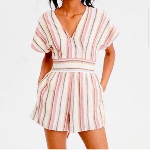 American Eagle Kimono Sleeve Striped Linen Blend V- Neck Romper Shorts